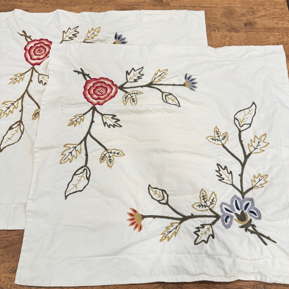 Pottery Barn White Pillow Covers Floral Embroidery Set of 2 Euro Square